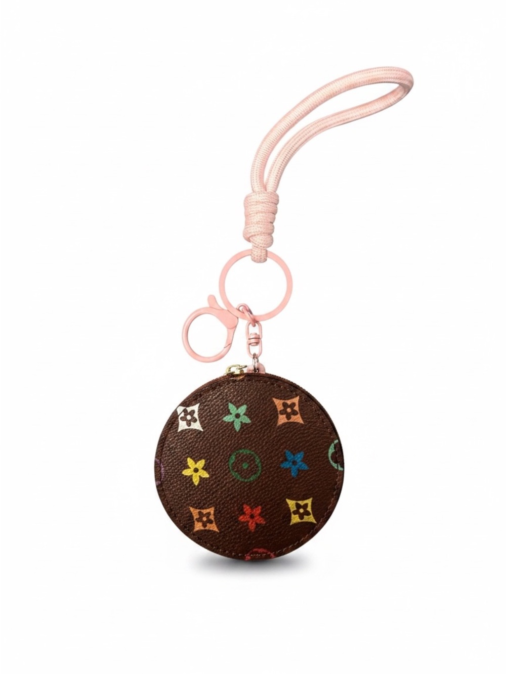 Compact Mirror Multicolor Monogram Keychain /bag charm with Pink wristlet - Picture 1 of 3